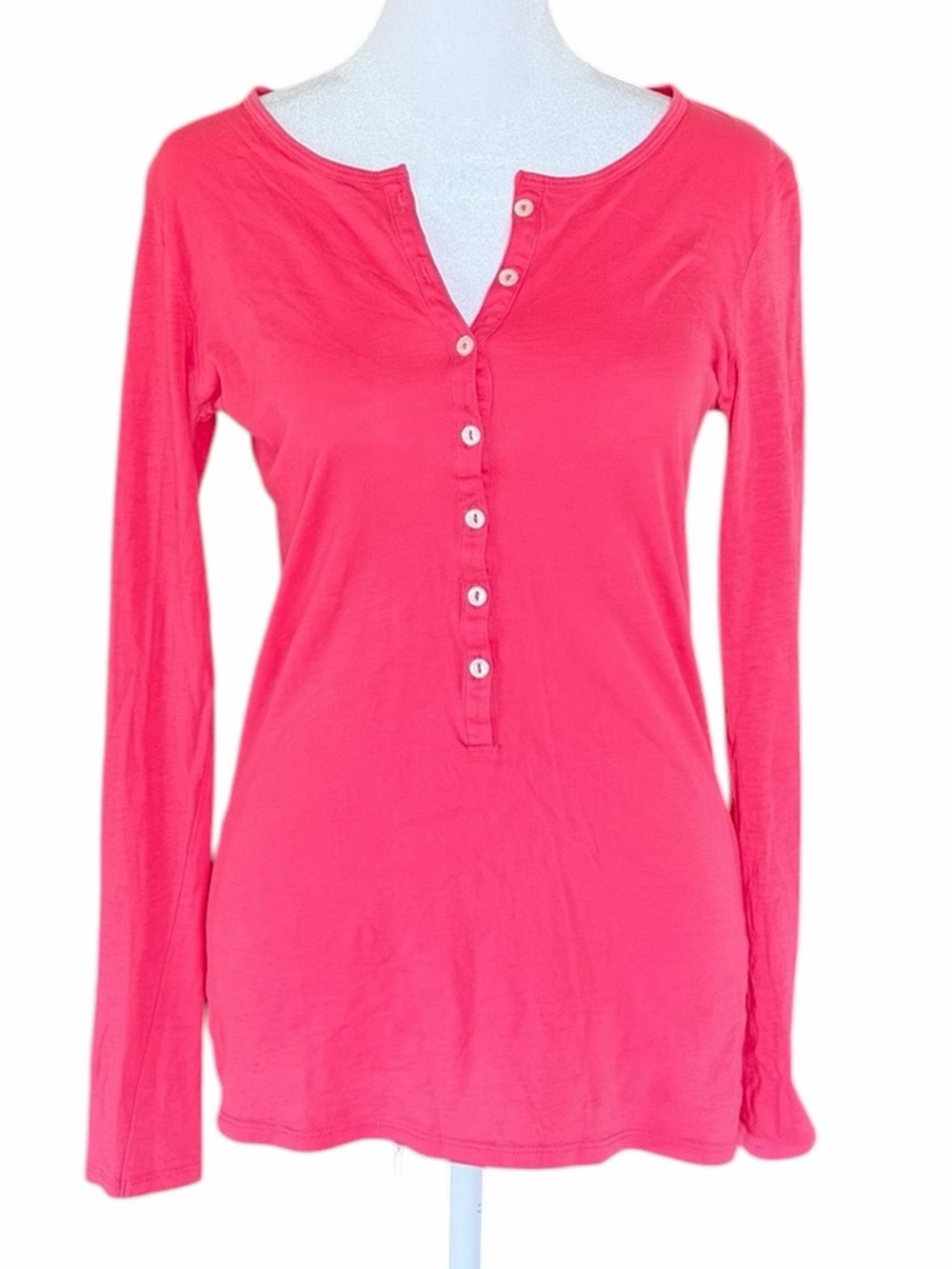 Moda International Pink Long Sleeve Henley Top Size S Fitted Casual Basic